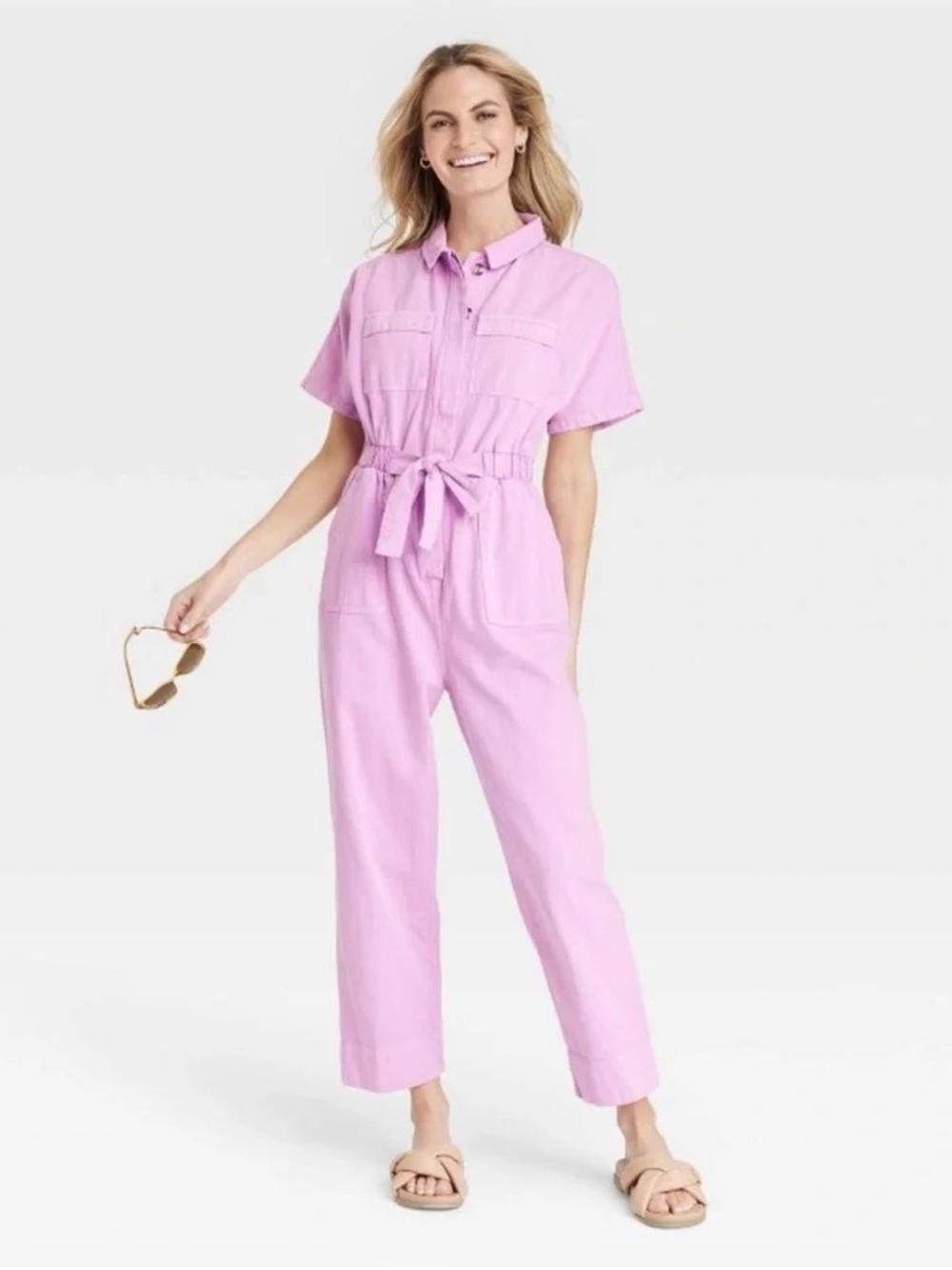 Universal Thread Women's Size 6 Short-Sleeve Tie-Waist Pink Jumpsuit/Boiler Suit